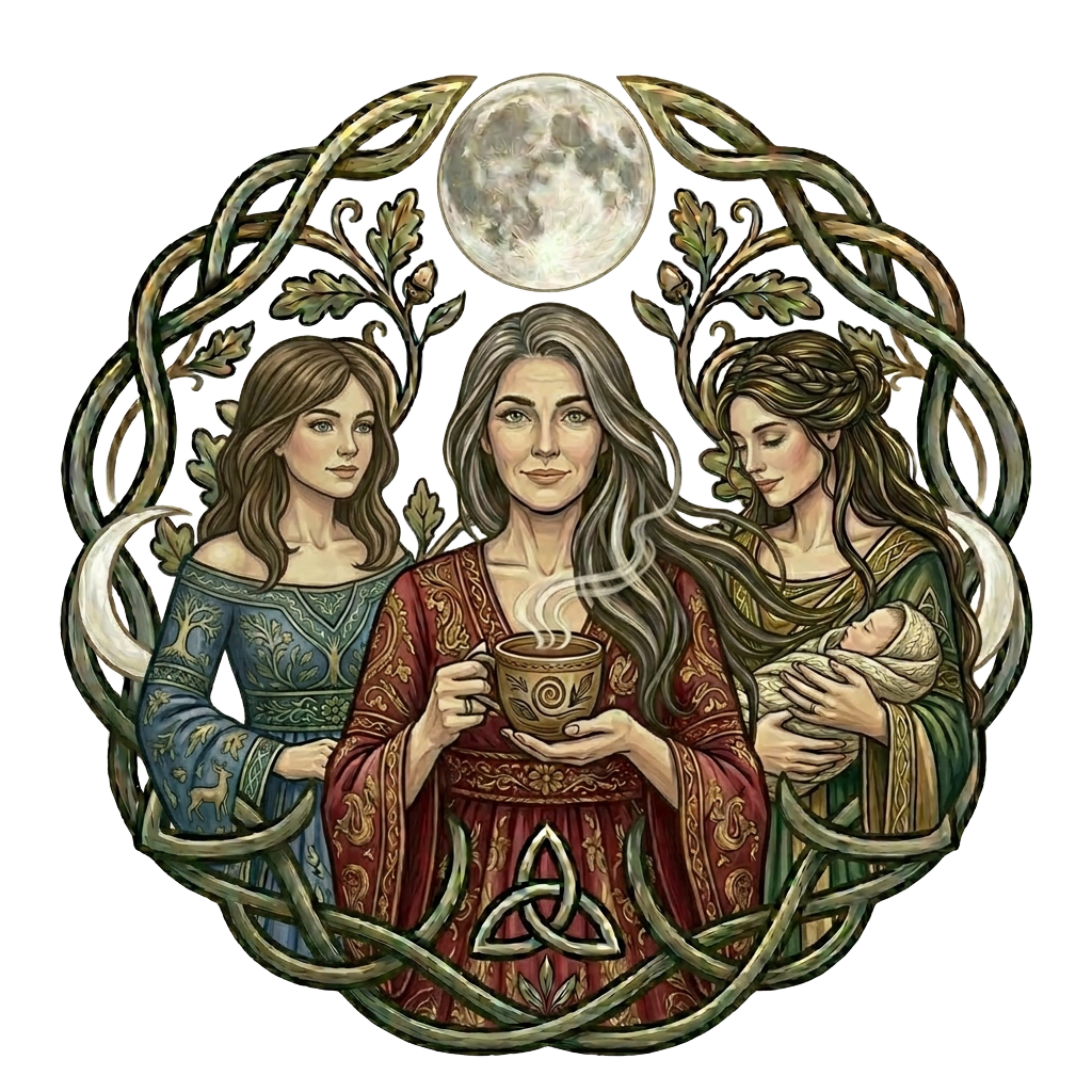 Matriarch Moon emblem — three women circled in Celtic vines beneath the moon